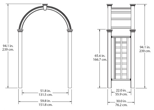 Nantucket Deluxe Arbor wireframe dimensions