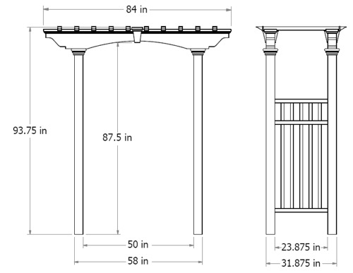Newport Arbor wireframe dimensions
