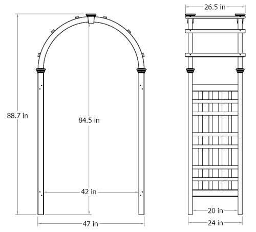 Rosewood Arbor wireframe dimensions